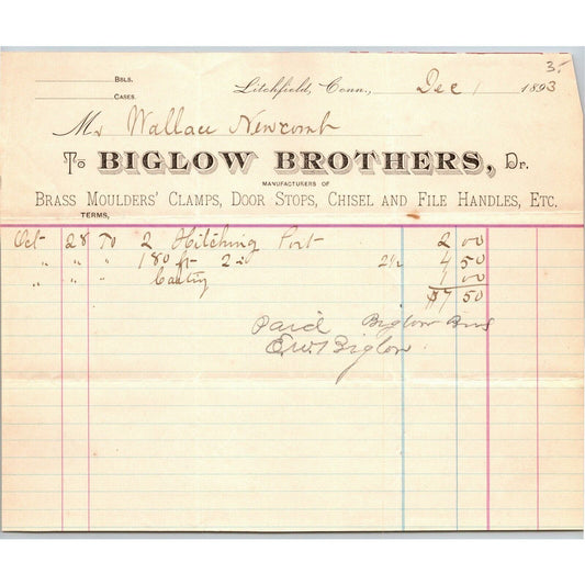 Biglow Brothers 1893 Letterhead Litchfield, Conn Brass Moulders' Clamps File
