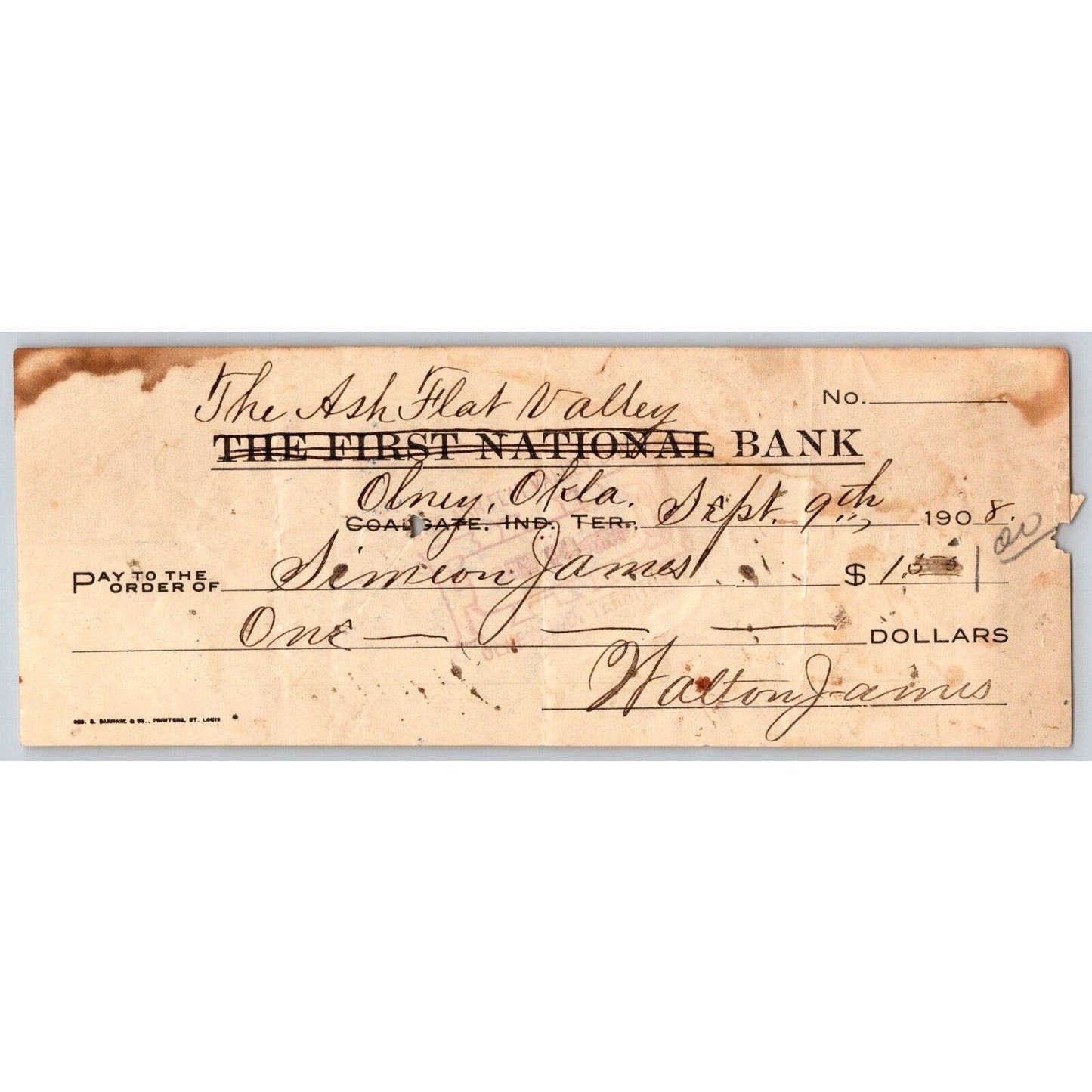 Olney / Coalgate FNB / Ash Flat Valley 1908 Bank Check "Walton James"