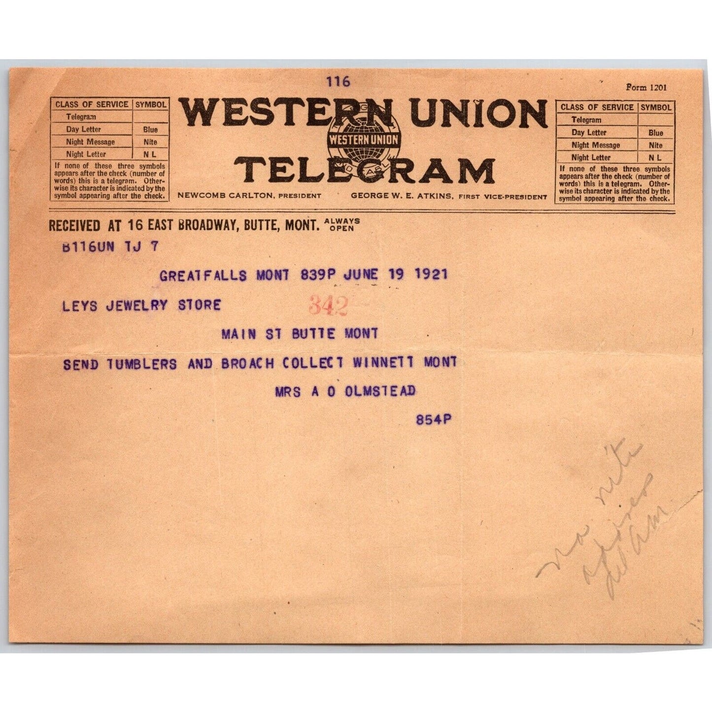 "Leys" Jewelers Butte, MT 1921 Western Union Telegram re: Send Tumblers Broach