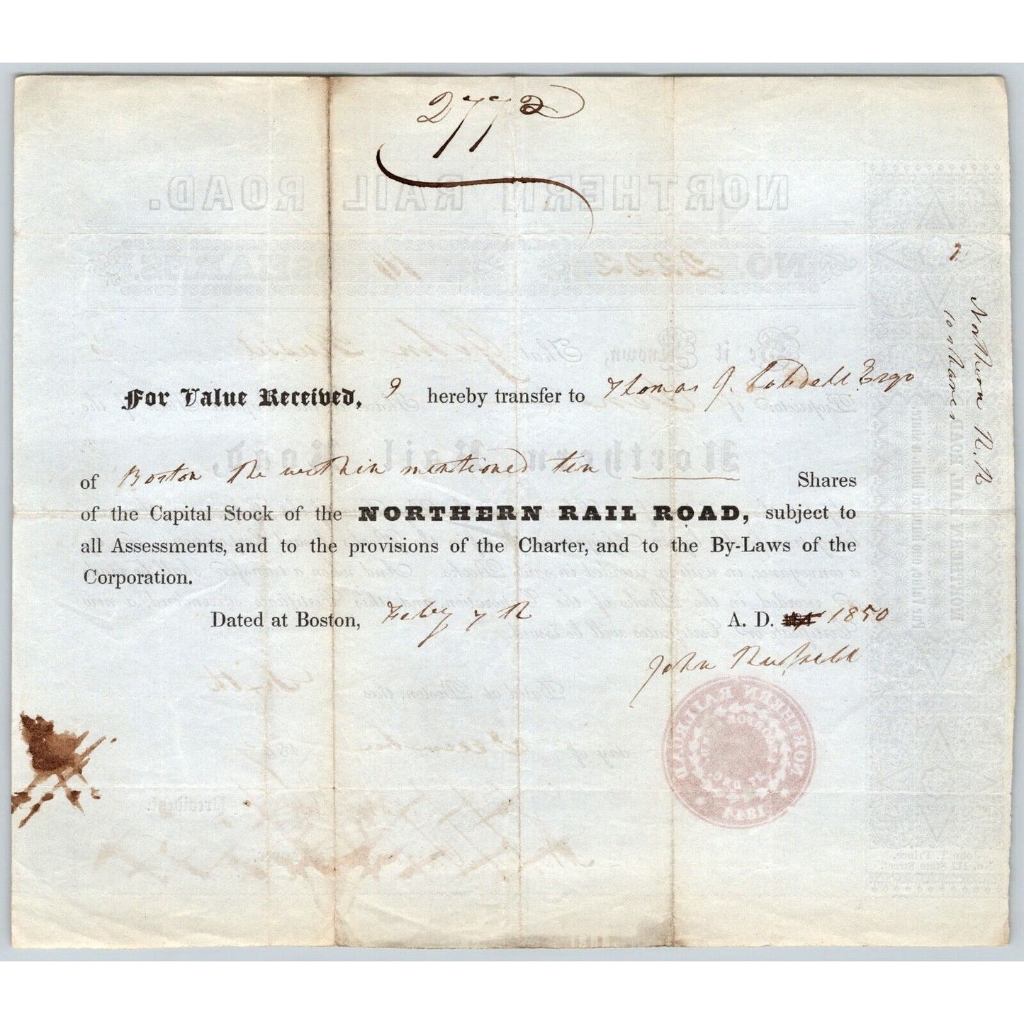 1847 Boston, MA Northern Railroad Stock Certificate No. 2222 for 10 Shares