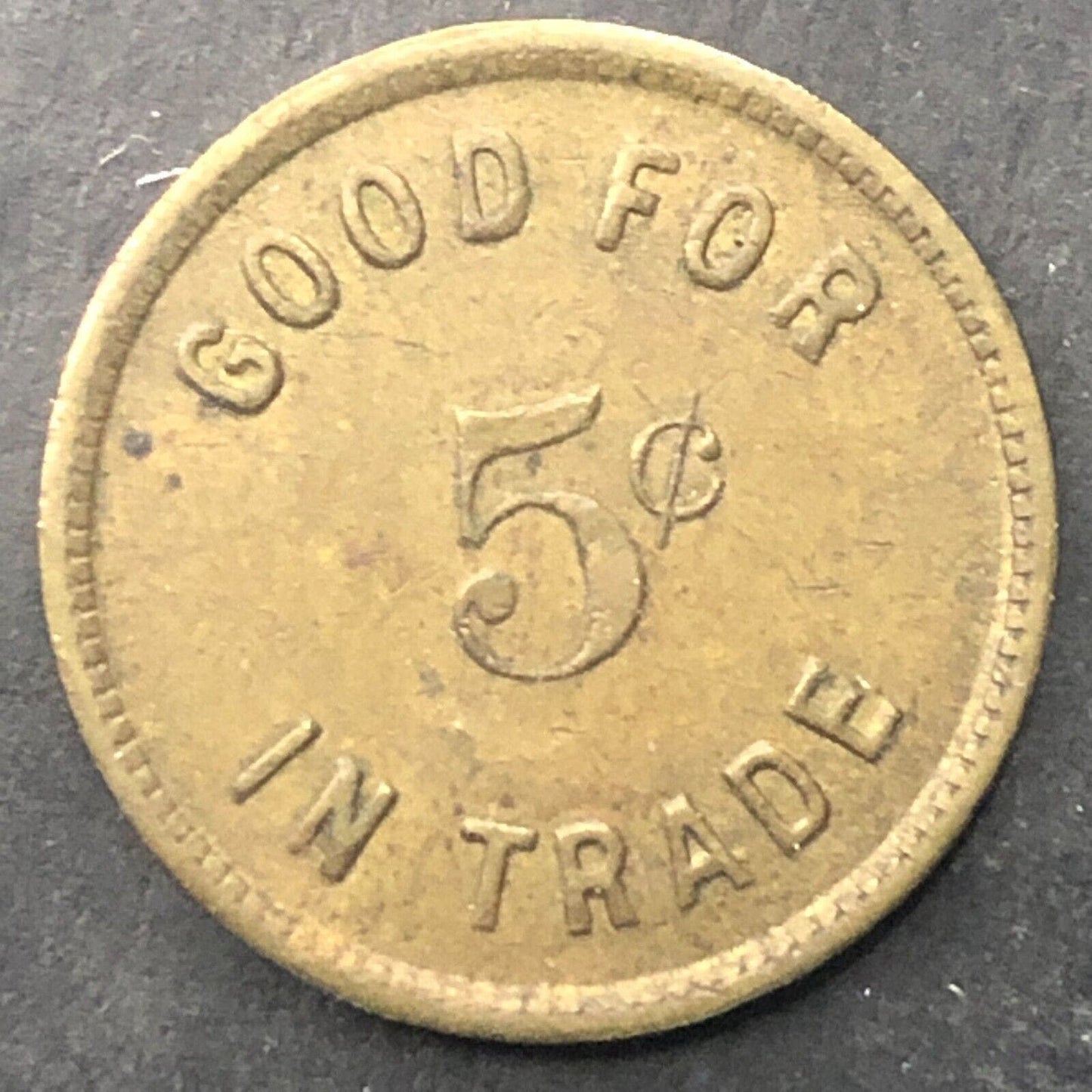 Corner Co. G/F 5¢ Trade Token Brass 21mm Scarce Unknown