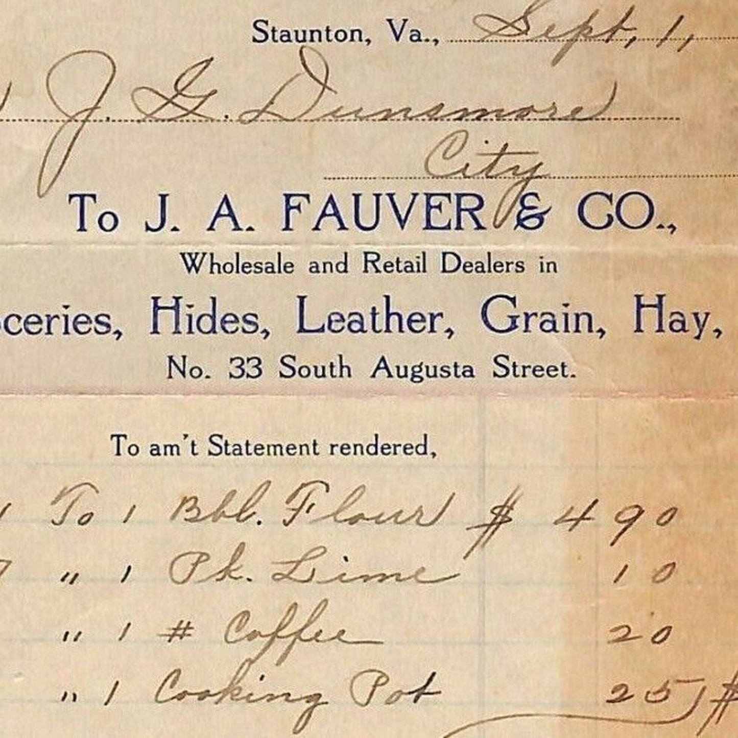 1907 Scarce J.A. Fauver Hides Leather Grain Hay Billhead Letterhead Staunton, VA