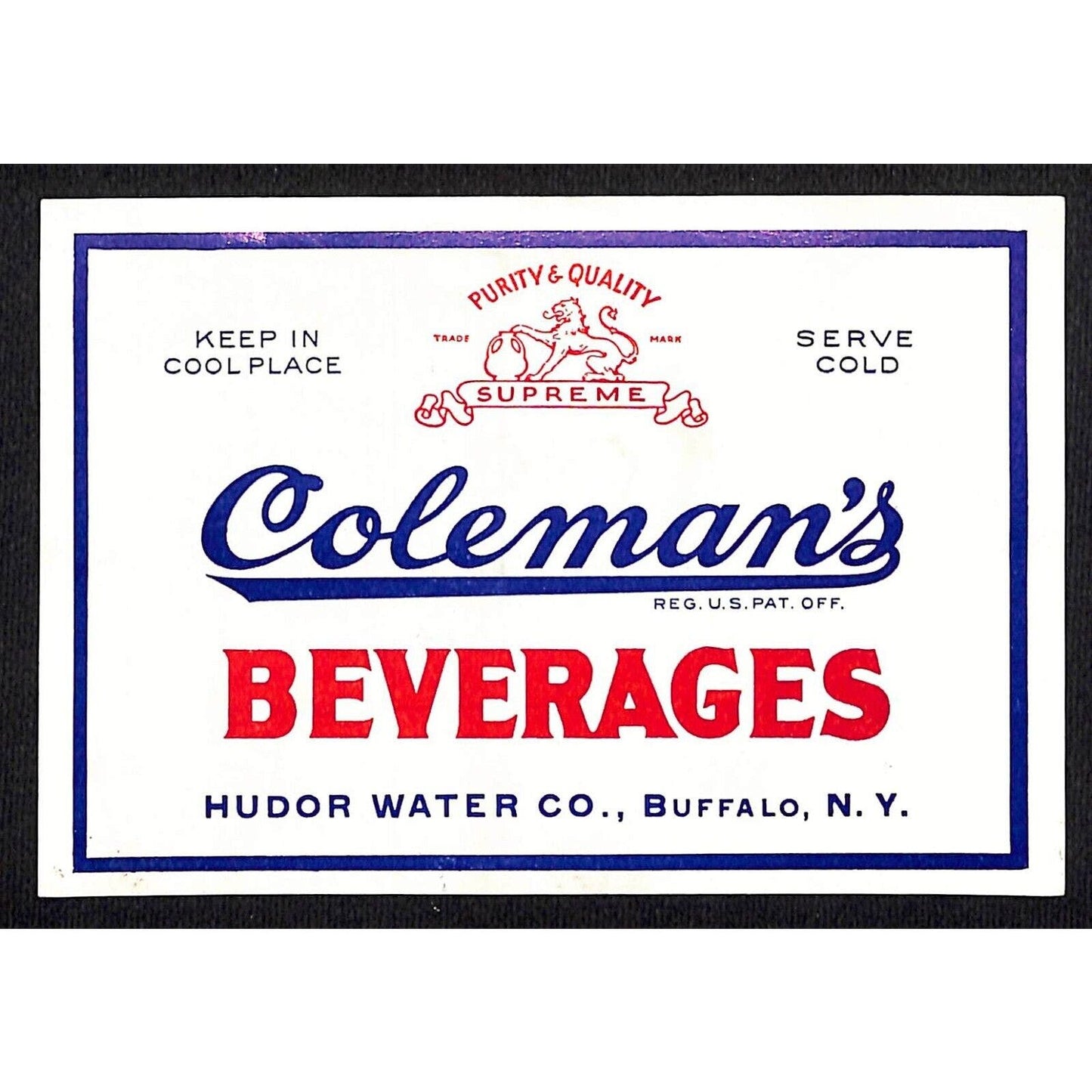 Coleman's Beverages Hudor Water Co. Buffalo, NY Paper Soda Label c1930's-40's