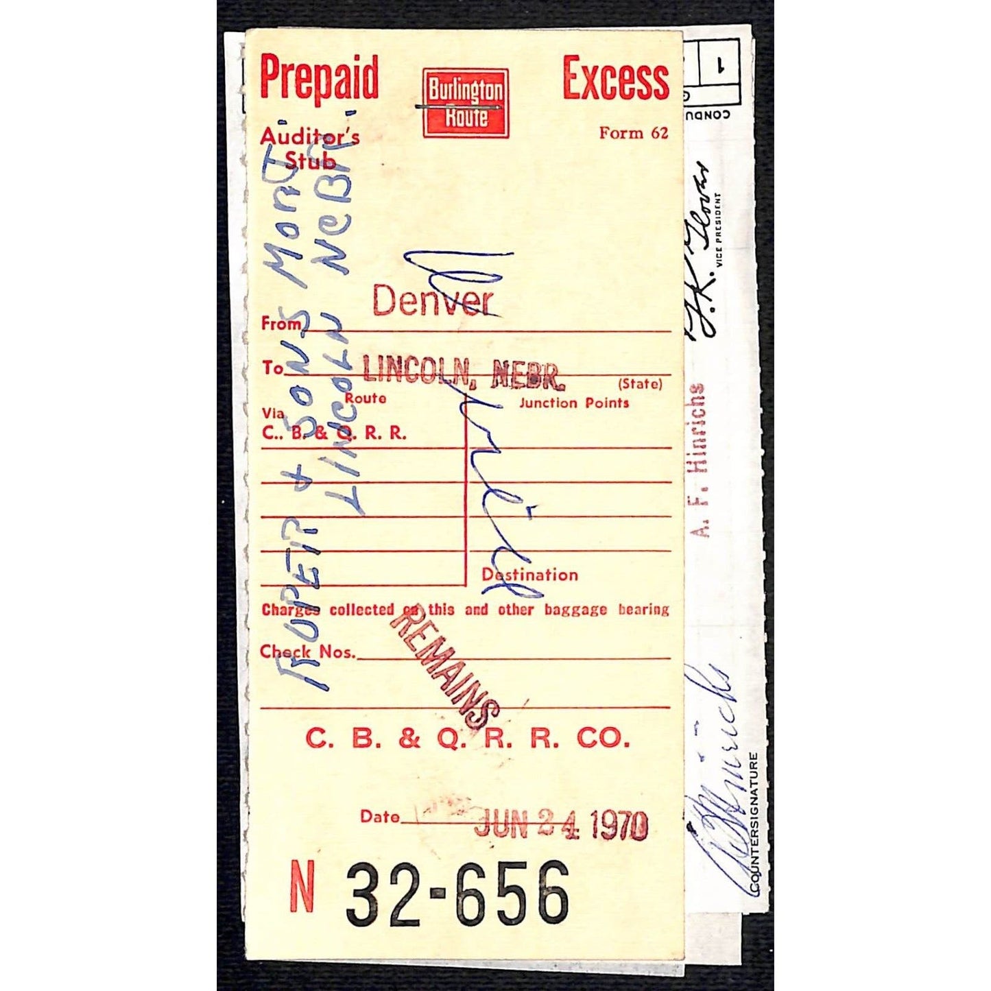 1970 Burlington Route Prepaid Excess / Deceased Remains Check 32-656 VGC