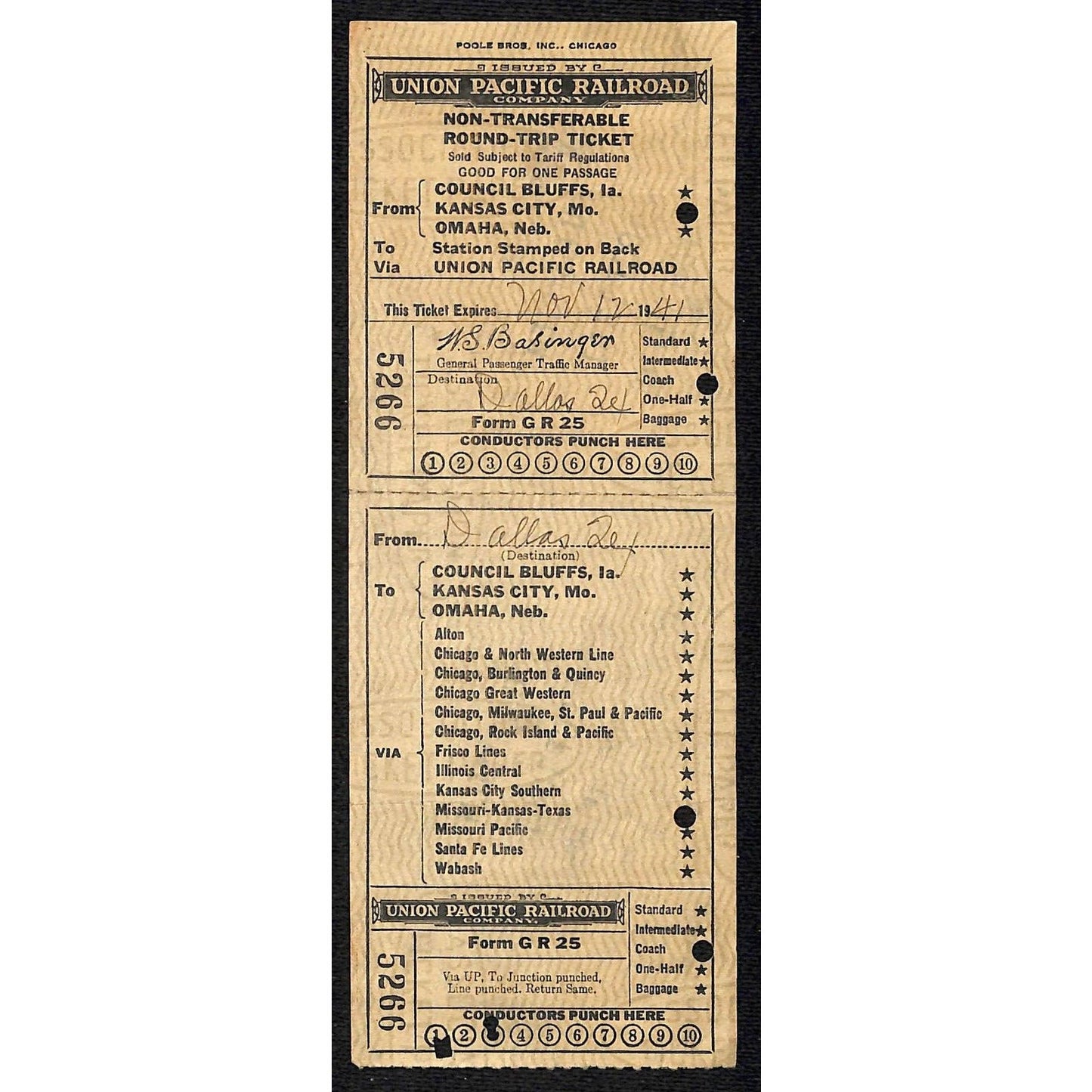 1941 Union Pacific Railroad Round Trip Ticket to Dallas