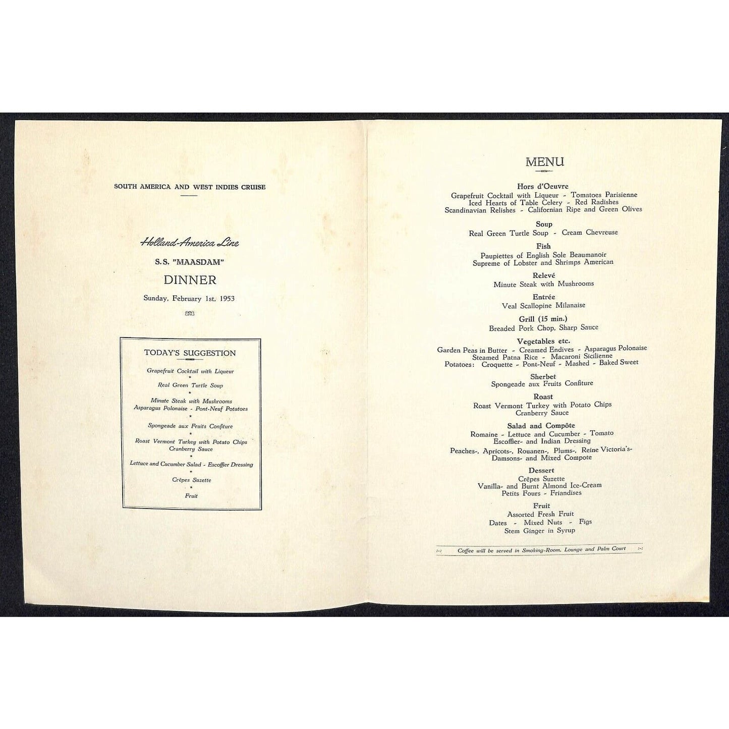 1953 Holland-America Maasdam West Indies Cruise Line Dinner Menu Feb - VGC