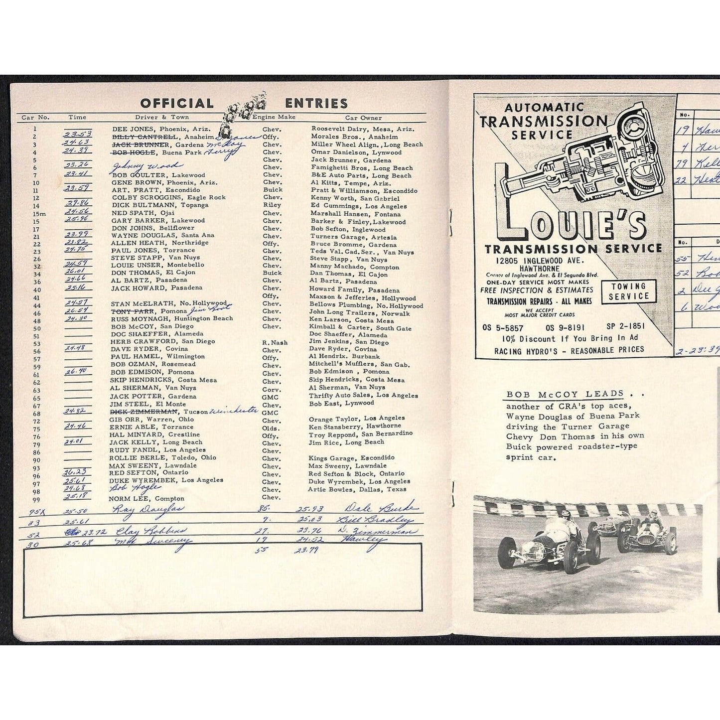 Scarce Aug 18 1962 CRA Big Car Races Auto Racing Program Ascot Bob Coulter 8pp.