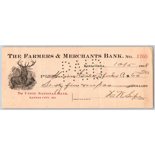 Kiel, Oklahoma 1908 Farmers and Merchants Bank Check w/ Buck Vignette - Scarce