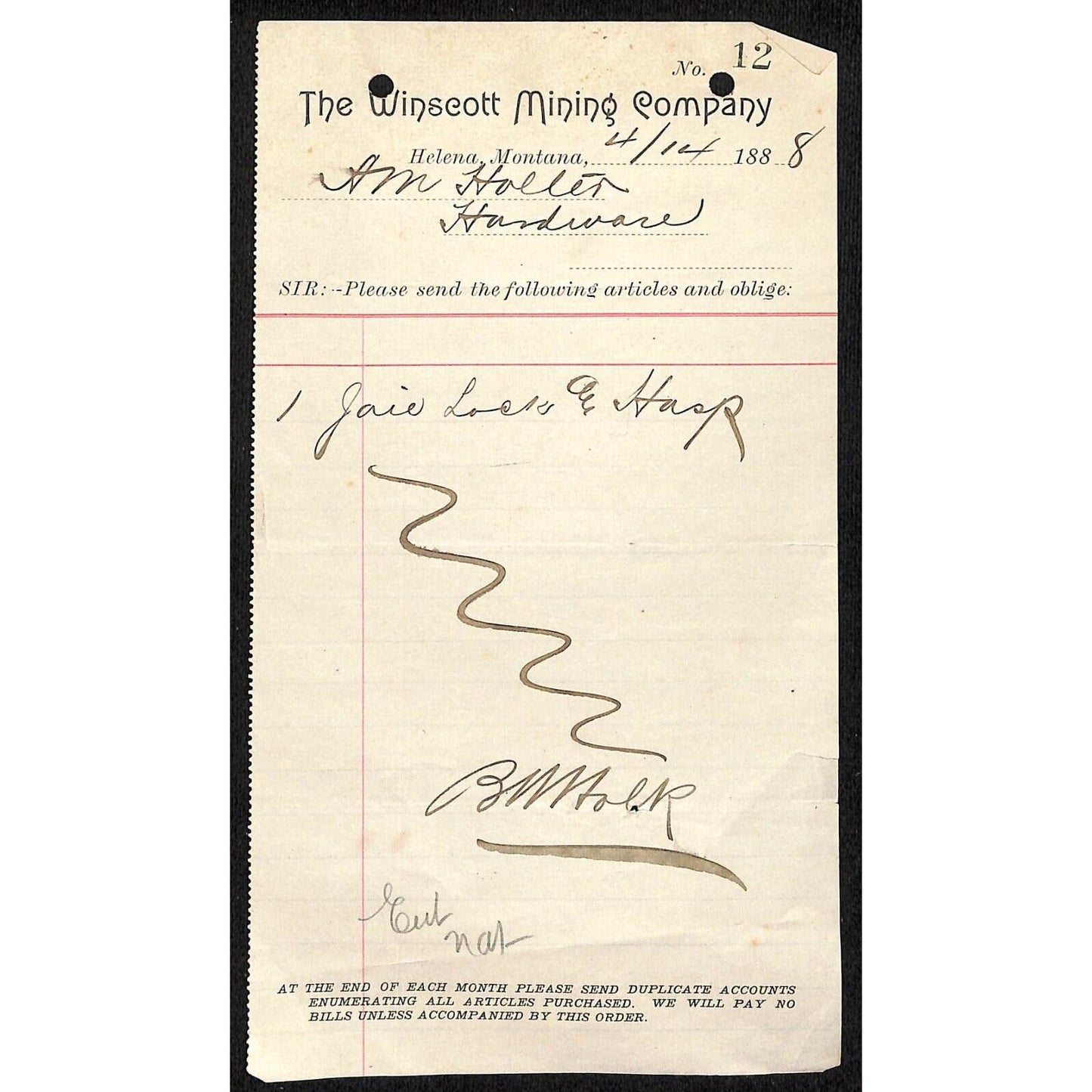 Helena, MT The Winscott Mining Co. 1888 Billhead Scarce