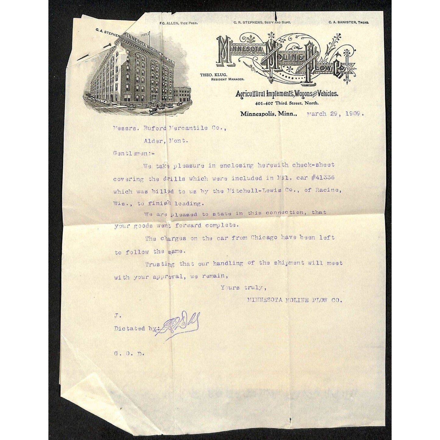 Minnesota Moline Plow Co Implements Wagons 1909 Letterhead & Check Sheet Buford*