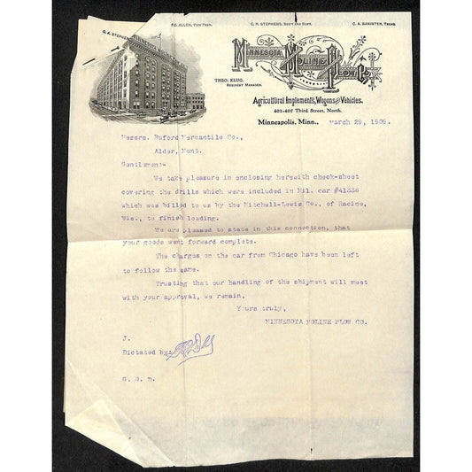 Minnesota Moline Plow Co Implements Wagons 1909 Letterhead & Check Sheet Buford*