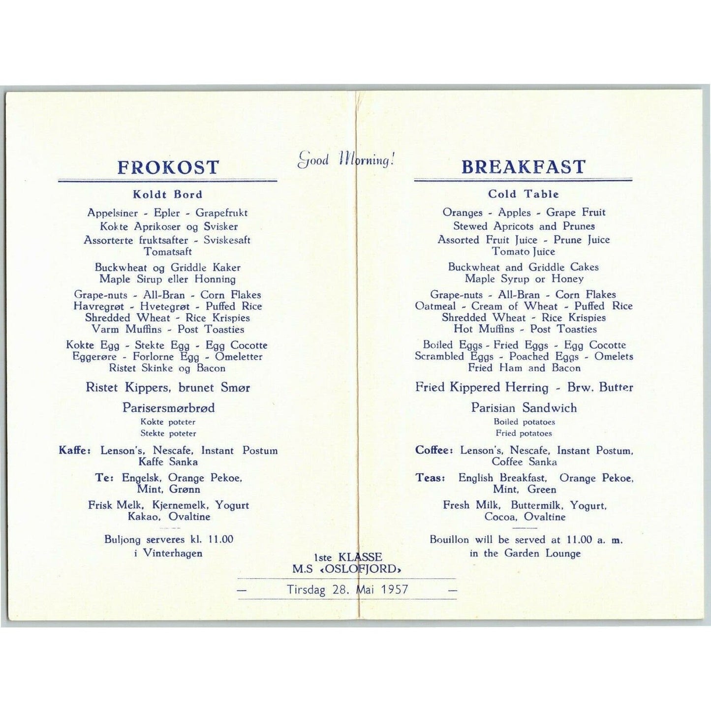 May 28 1957 Norwegian America Line SS Oslofjord Ocean Liner SS Breakfast Menu