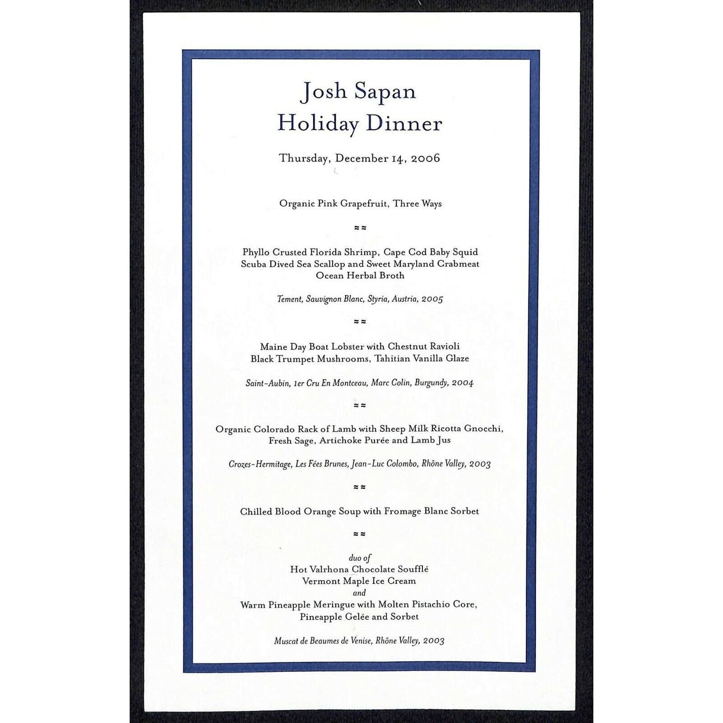 2006 Josh Sapan (AMC ?) December 14 Holiday Dinner Menu Sheet (No location)