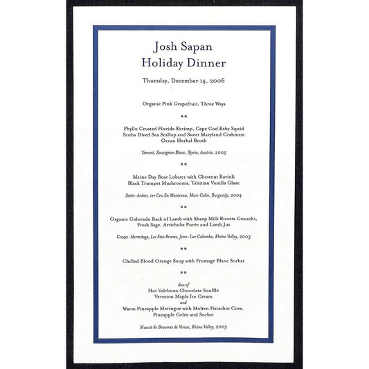 2006 Josh Sapan (AMC ?) December 14 Holiday Dinner Menu Sheet (No location)