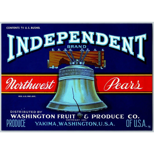 Independent Pears Vintage Original Paper Fruit Crate Label Liberty Bell Yakima