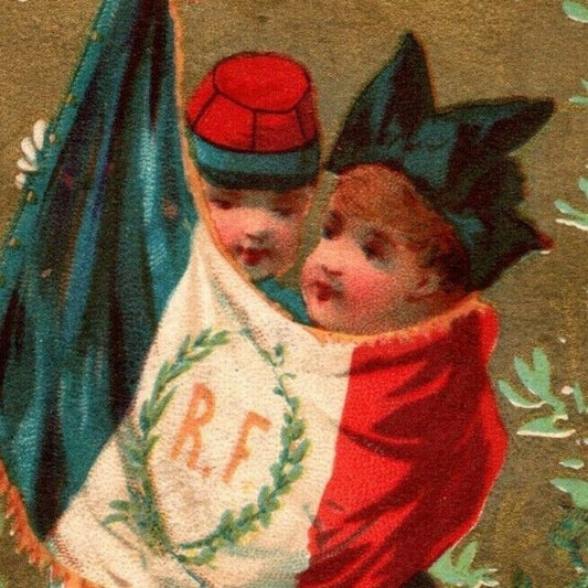French Victorian Trade Card - Two Children with Flag (Trimmed)