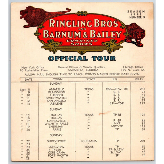 1947 Ringling Bros Barnum Bailey Circus Route Card Dallas Fort Worth Amarillo