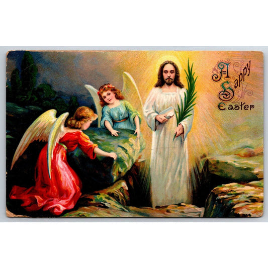 Easter Postcard Jesus w/ Radiant Lines / Angels PM 1912
