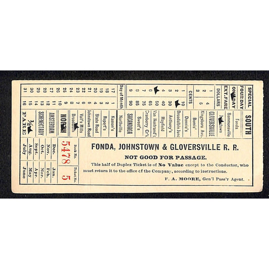 Fonda, Johnstown & Gloversville Railroad Ticket Book 5478 Ticket 5