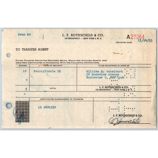 L.F. Rothchild & Co. New York 1953 Pennsylvania Railroad Stock Transfer Receipt