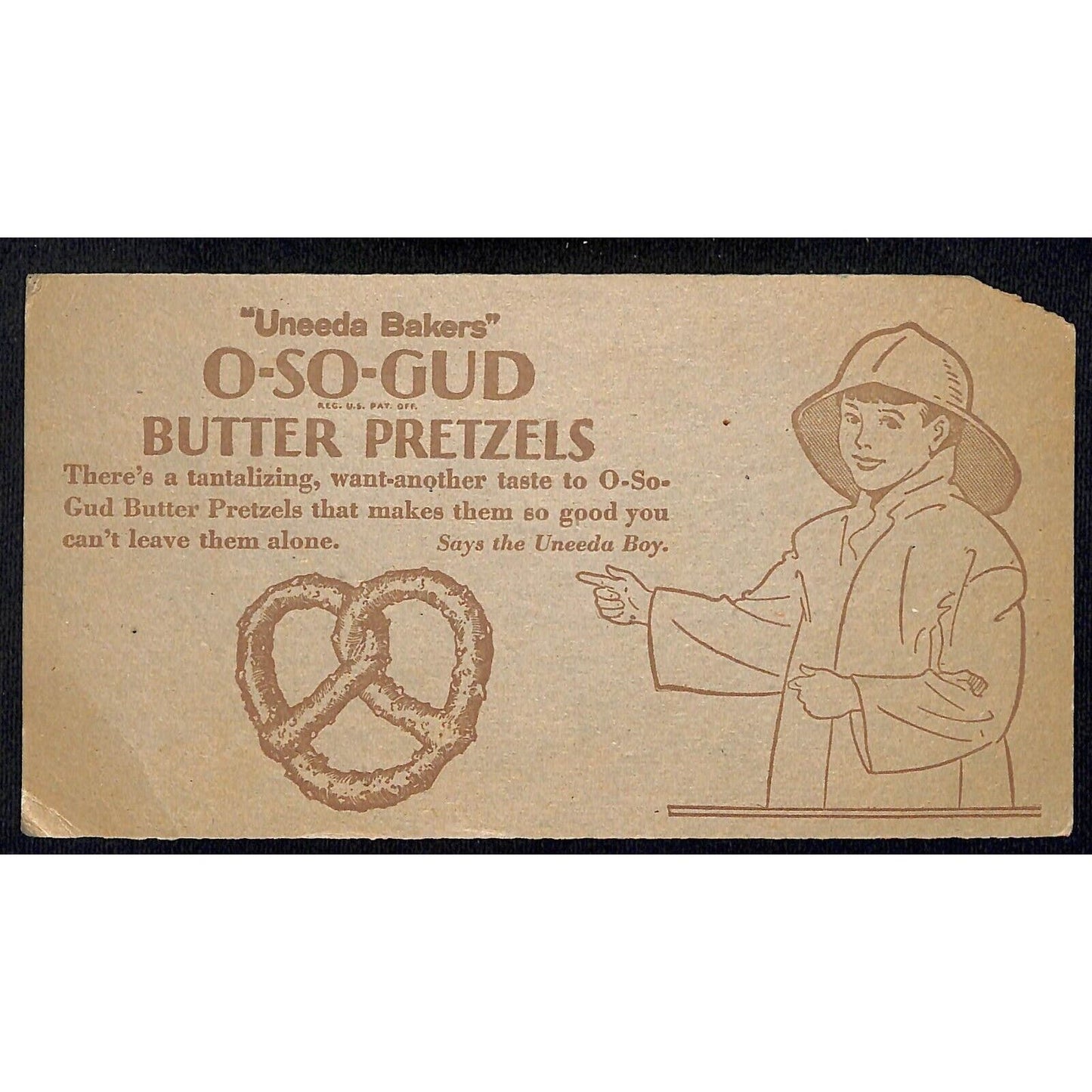 O-So-Gud Butter Pretzel Uneeda Bakers Card w/ Uneeda Boy c1927-33