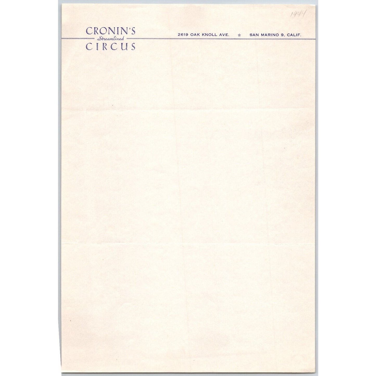 Cronin's Streamlined Circus Letterhead 1944 San Marino, CA Scarce