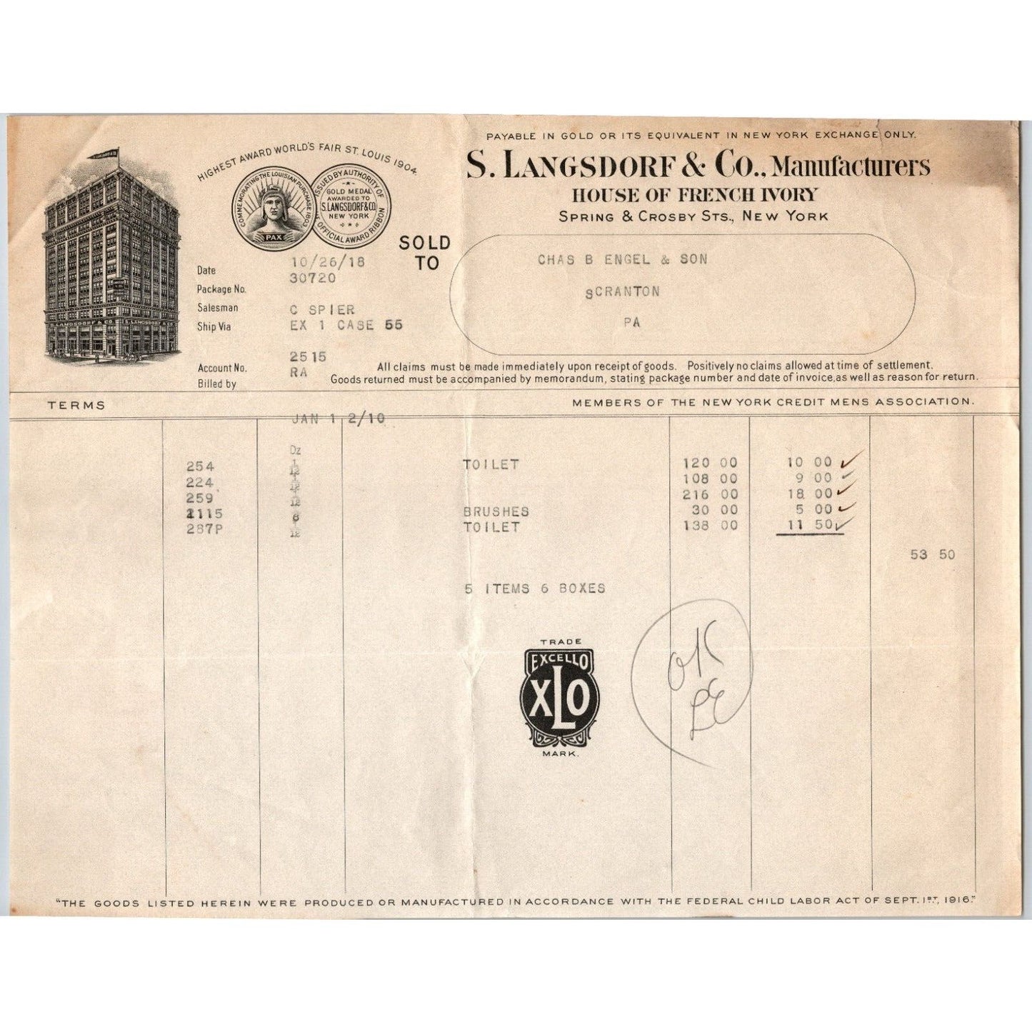 1918 S. Langsdorf & Co. New York City Spring & Crosby Sts. - "Engel" Billhead