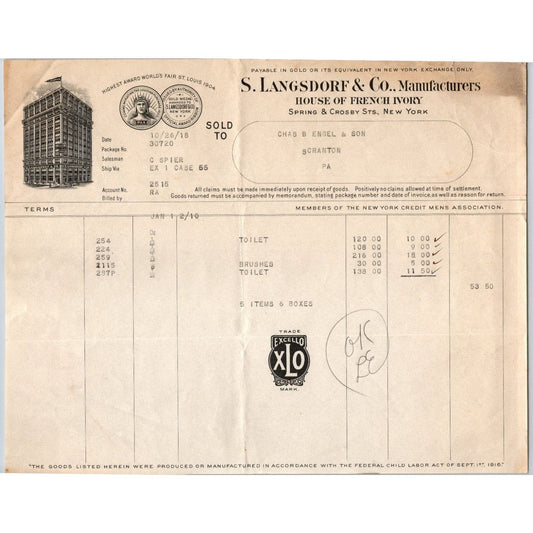 1918 S. Langsdorf & Co. New York City Spring & Crosby Sts. - "Engel" Billhead