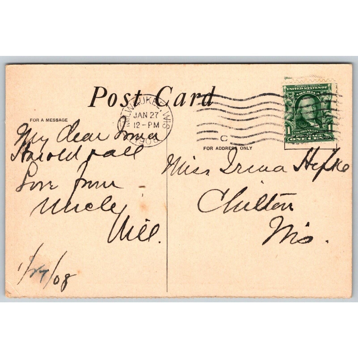 Republican House Milwaukee (Hotel) Advertising Postcard PM 1908 Scarce