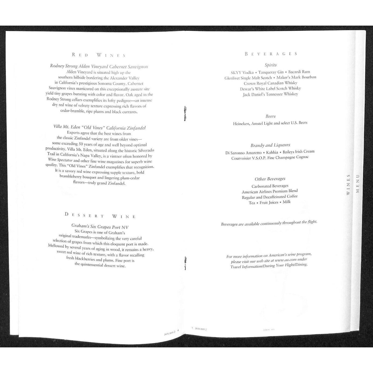 2003 American Airlines First Class Lunch, Entre & Wine Menu Richard Erye Photo