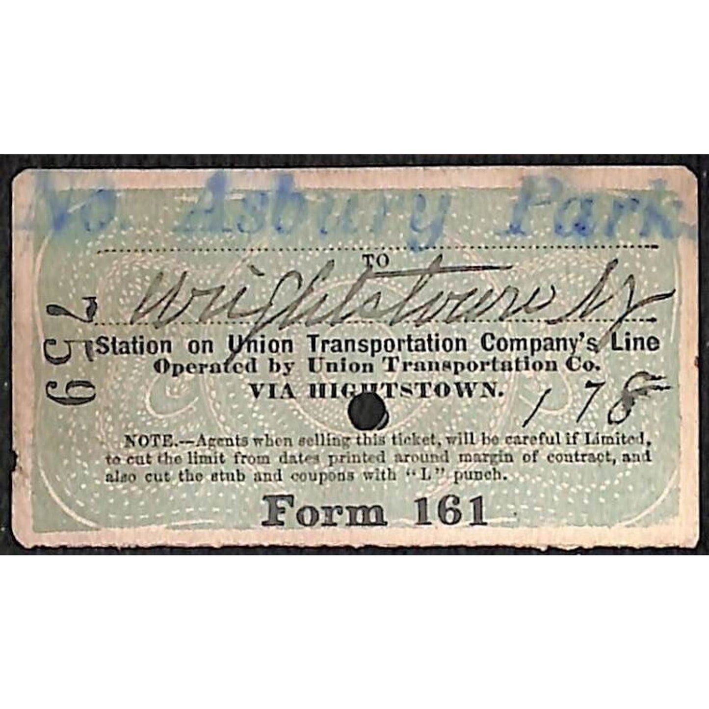 Union Transportation Railroad 1897 Ticket North Asbury Park Wrightstown, NJ #759