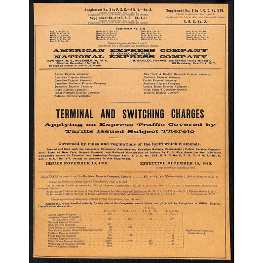 American Express 1910 Terminal & Switching Charges Notice Sheet - Railroad VGC