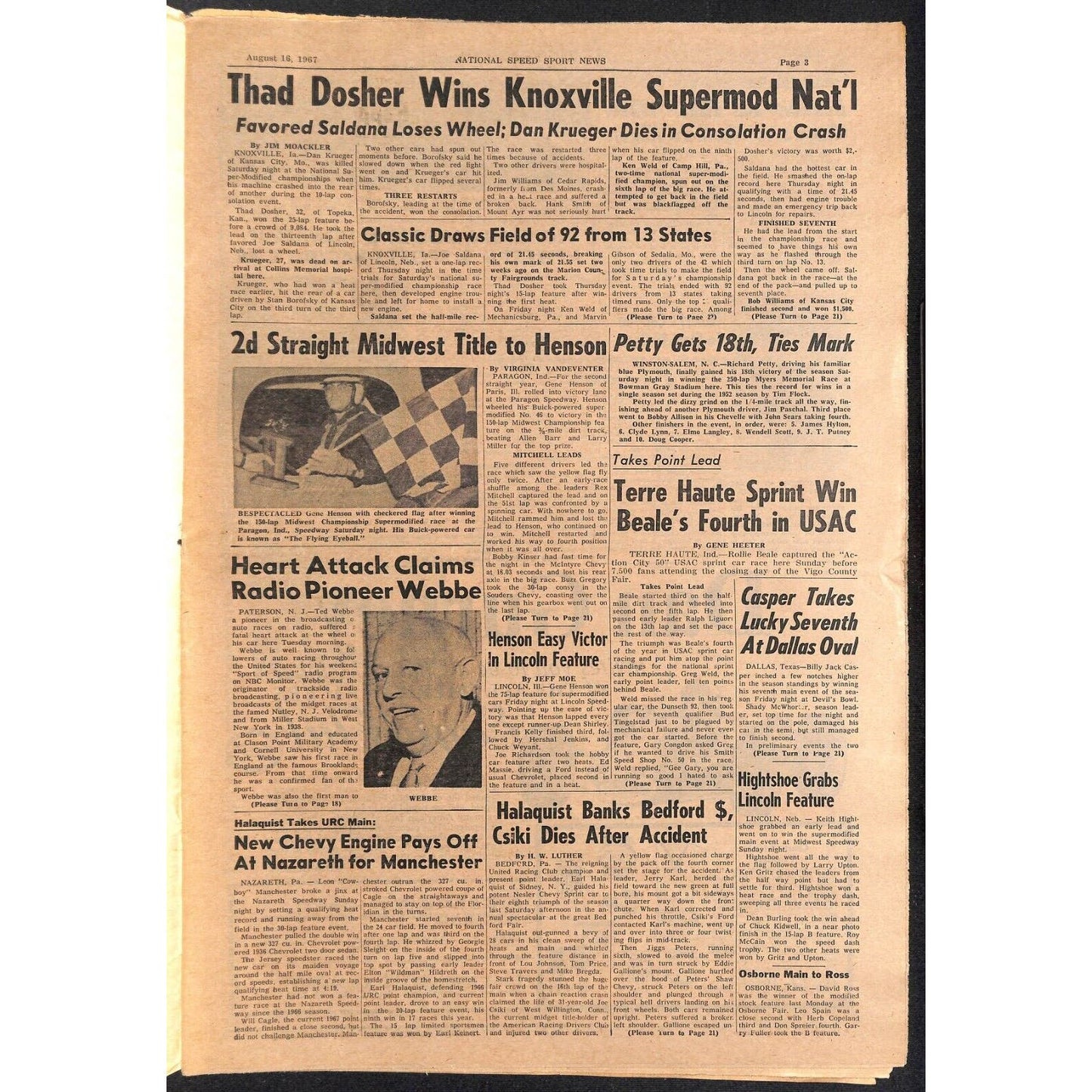 National Speed Sport News 8/16 1967 Dosher & Bowsher Wins Racing 23pp