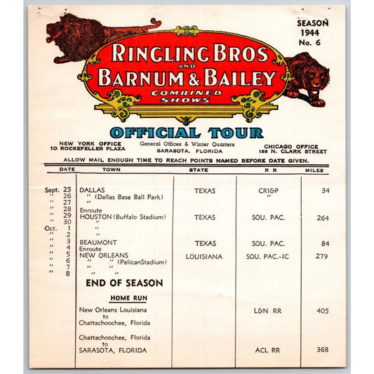 1944 Ringling Bros Barnum & Bailey Circus Route Card Dallas Houston New Orleans