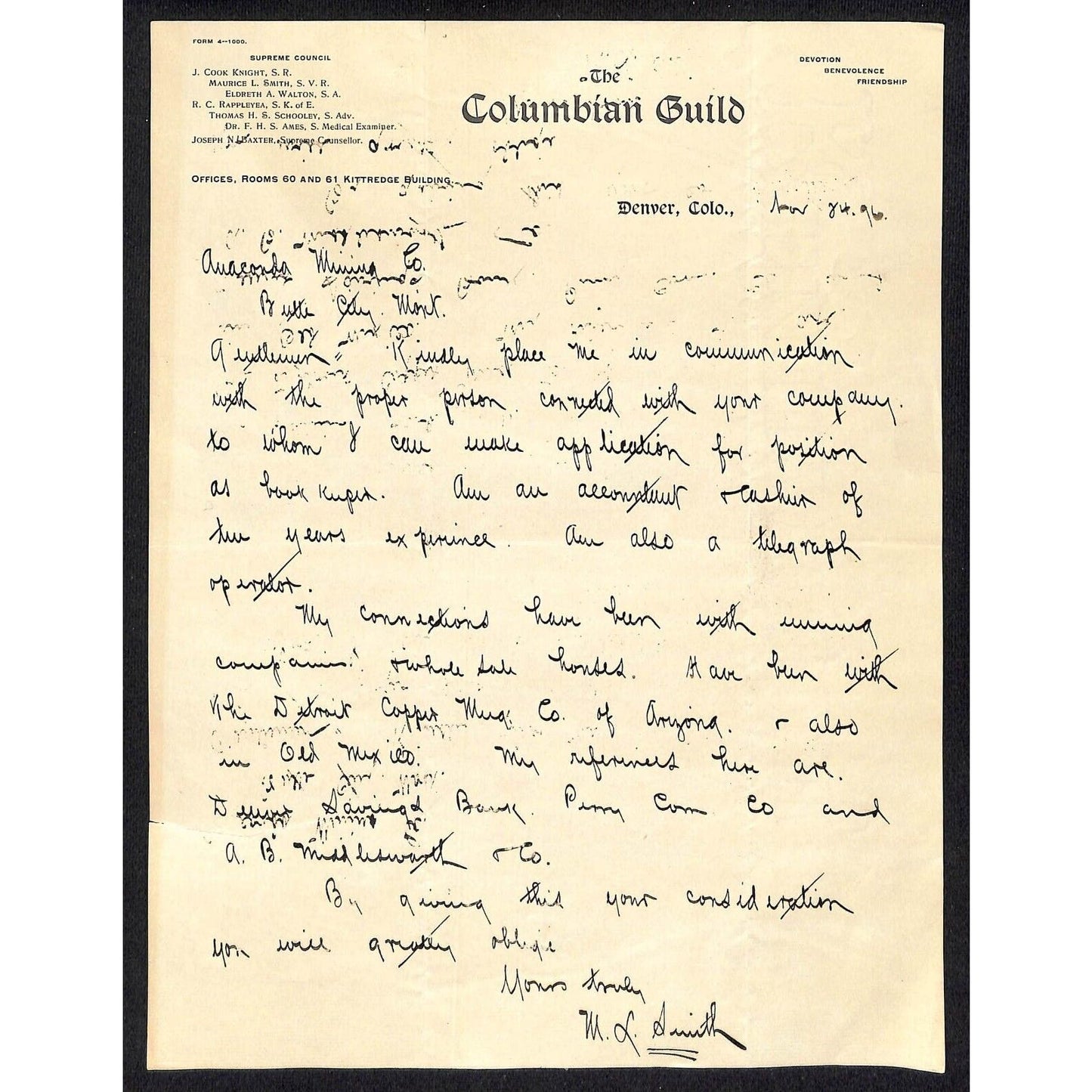 Denver, CO "The Columbian Guild" (Fraternal Lodge) 1896 Letterhead Scarce