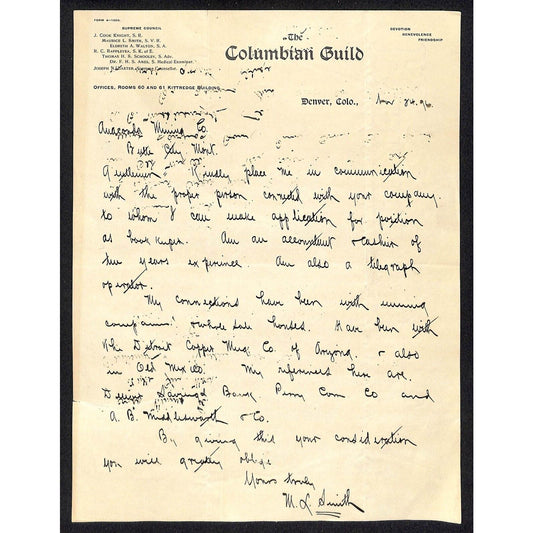 Denver, CO "The Columbian Guild" (Fraternal Lodge) 1896 Letterhead Scarce