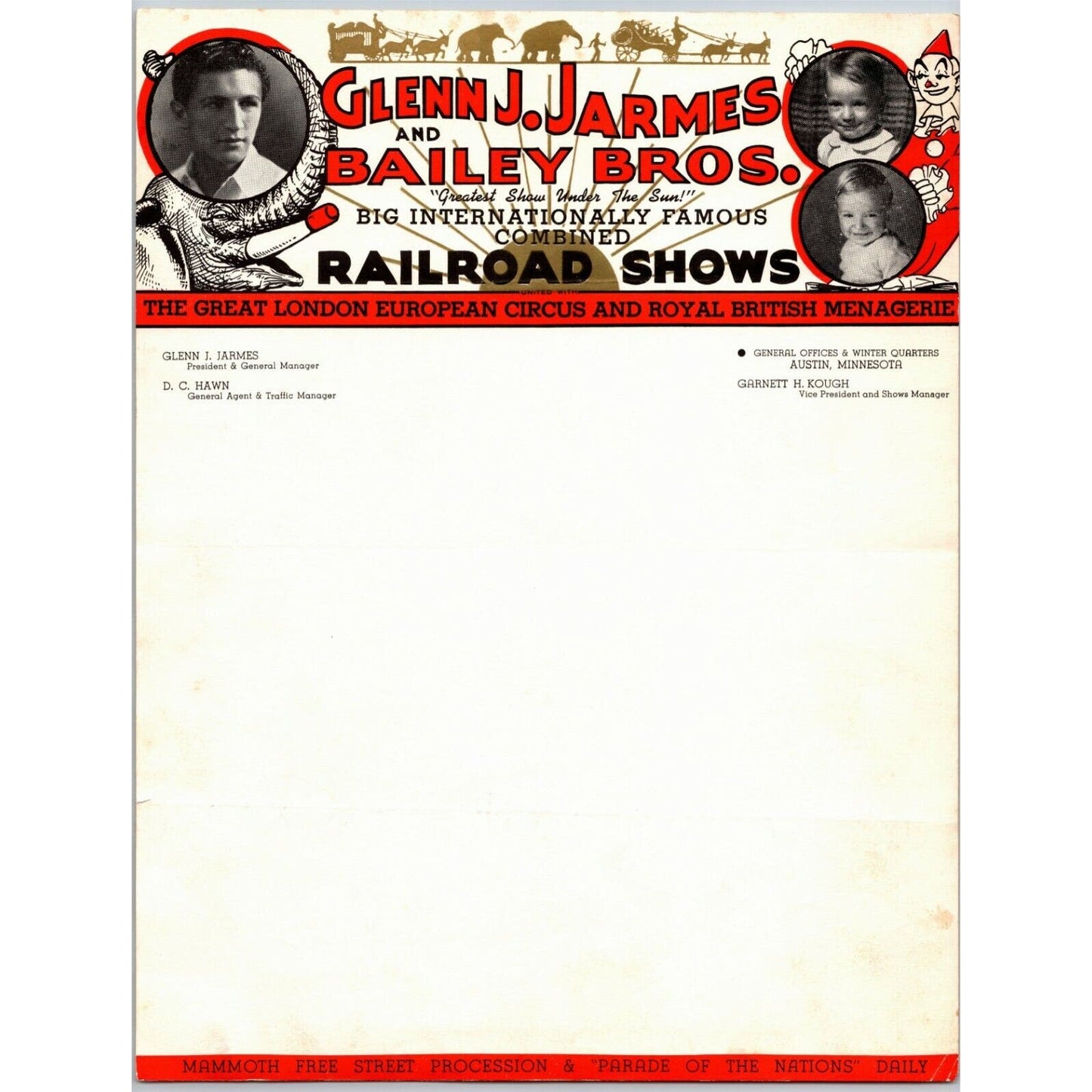 Very Scarce Glenn J. Jarmes & Bailey Bros. Circus Letterhead c1939-45