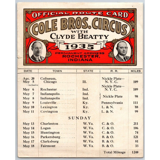 1935 Cole Bros with Clyde Beatty Circus Route Card w/ IL, KY, WV & IN Locations
