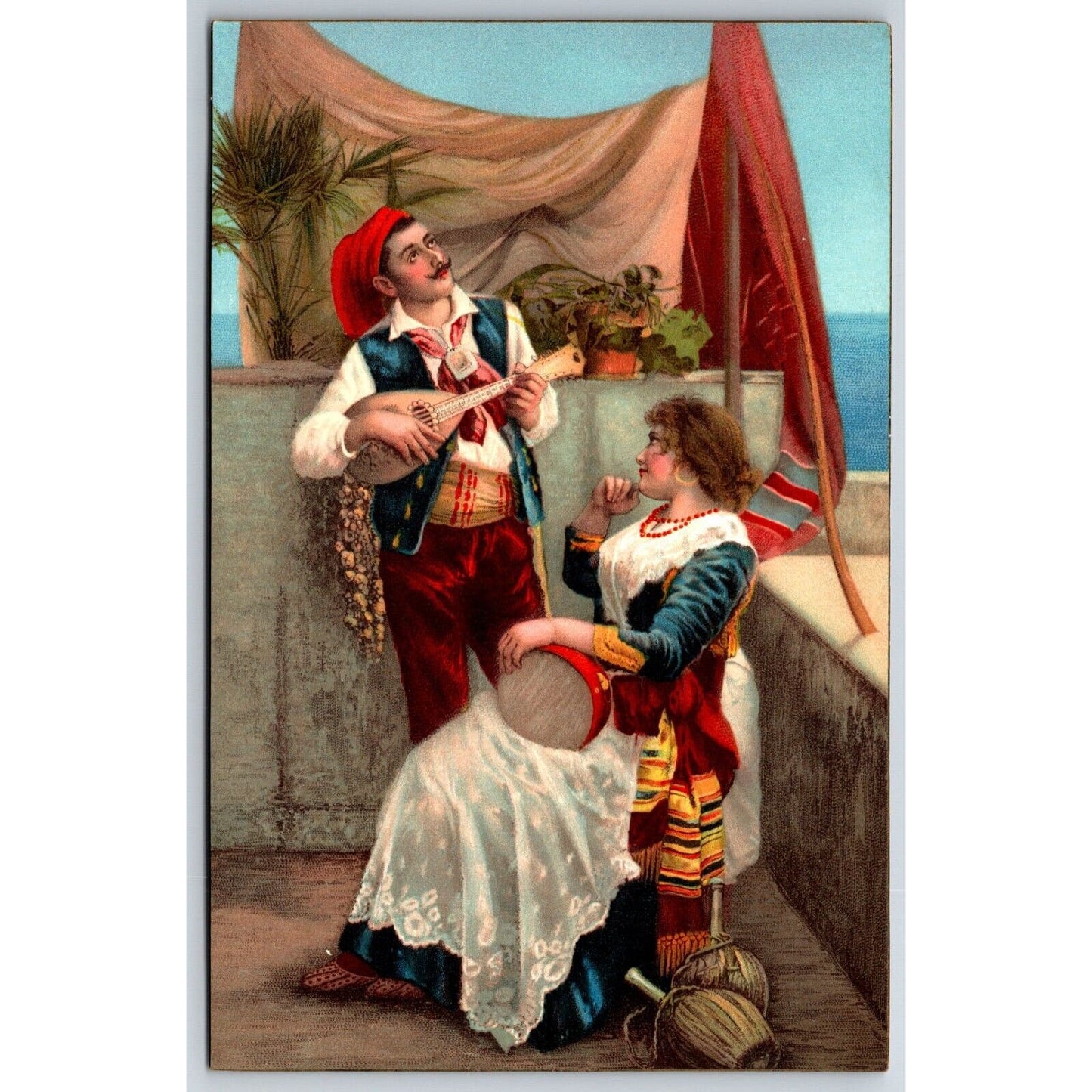 Italian Postcard Musician Couple w/ Costume & Tambourine 1901-1907 NP VGC
