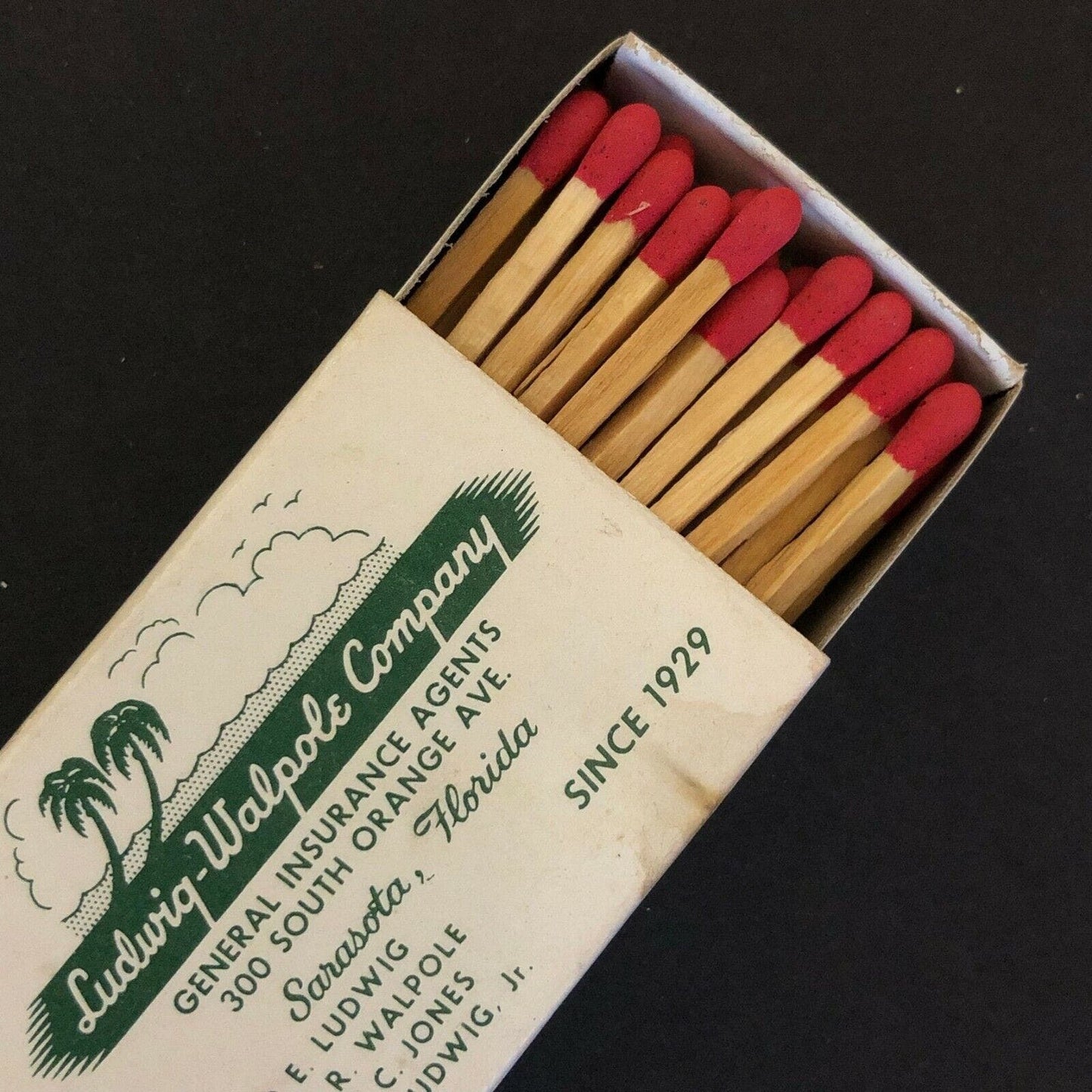 c1970-80 's Vintage Wooden Matchbox Matchbook "Ludwig-Walpole Ins." Sarasota, FL