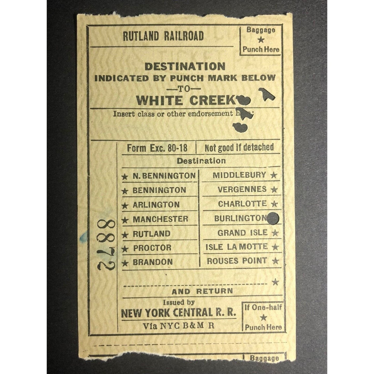 1953 Rutland Railroad / NY Central RR "to White Creek" Check / Ticket #8872