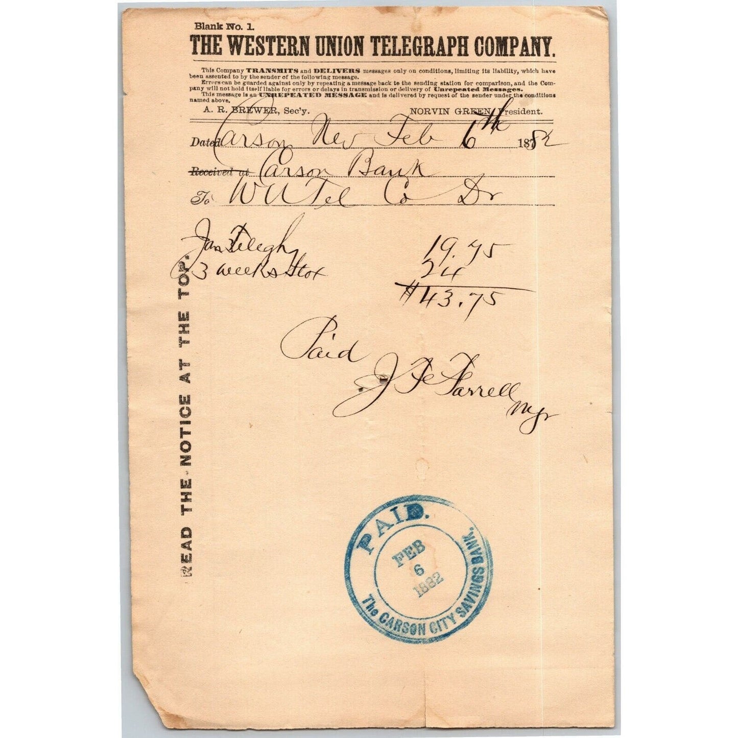 Scarce Vintage 1882 Western Union Telegraph Carson Bank Telegraph Jan Statement