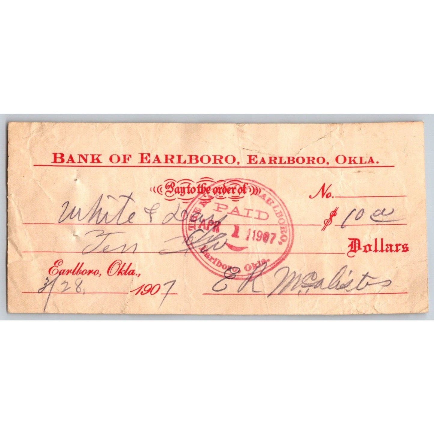 Earlboro, OK Territorial 1907 "Bank of Earlboro" Bank Check Scarce