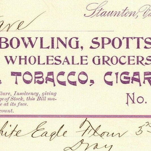 Dec 1893 Scarce Bowling, Spotts & Co Cigars Billhead Letterhead Staunton, VA