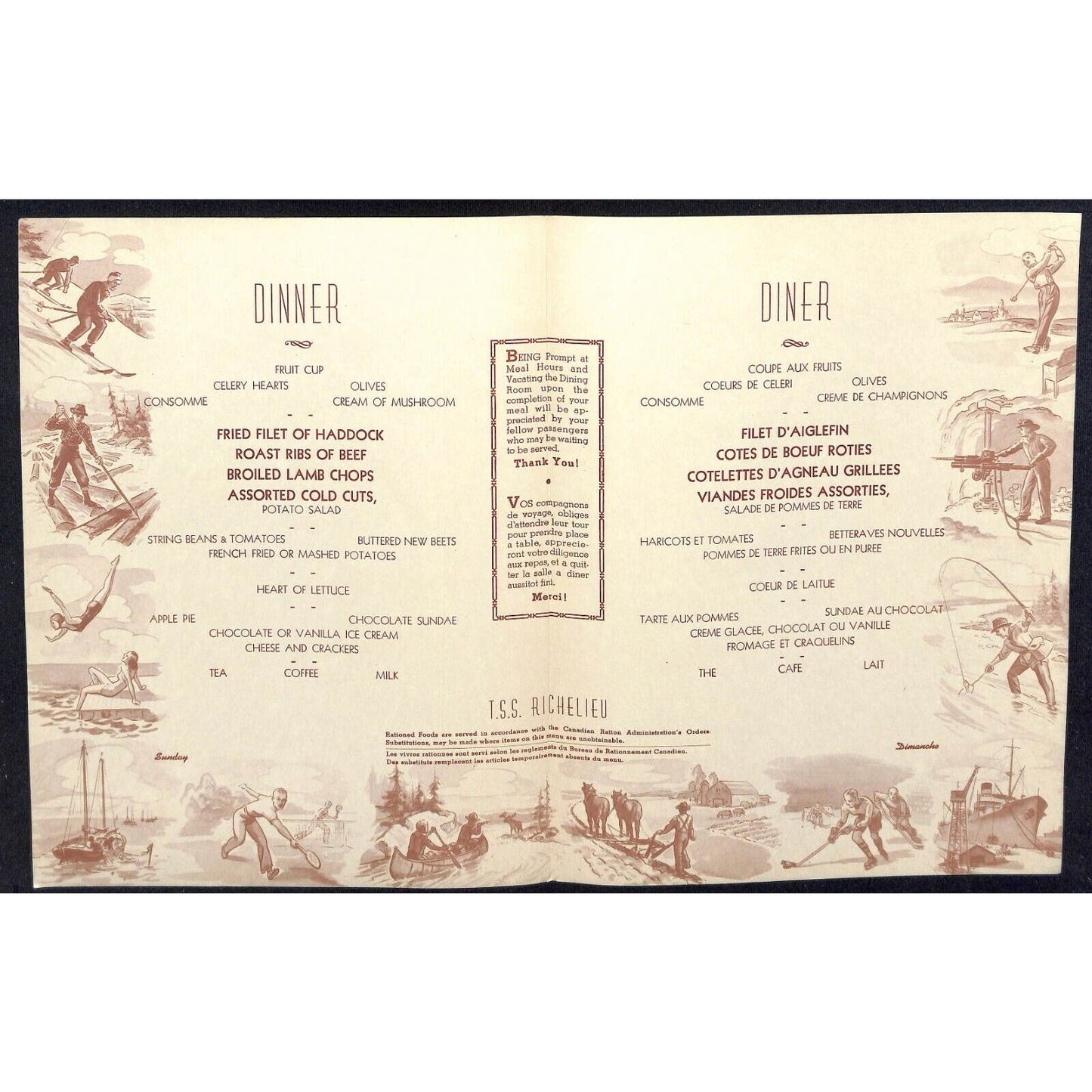 WWII Era Canada Steamship Lines Cruise Eng/Frn Food Rationing Dinner Menu