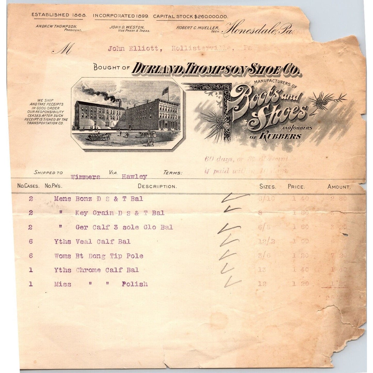 Honesdale, PA Durland, Thompson Shoe Co. Boots Rubbers c1910-15 Billhead
