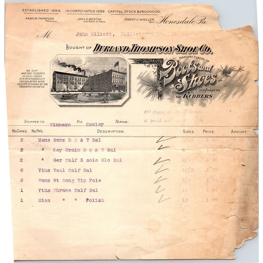 Honesdale, PA Durland, Thompson Shoe Co. Boots Rubbers c1910-15 Billhead