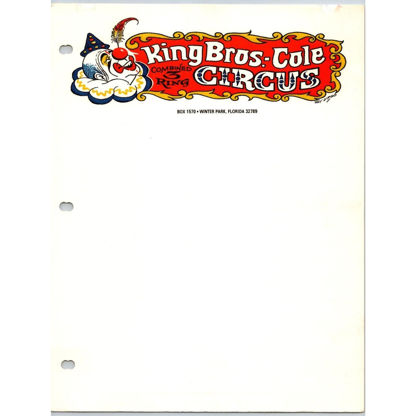 King Bros. Cole 3 Ring Combined Circus Letterhead Winter Park, FL c1965-75