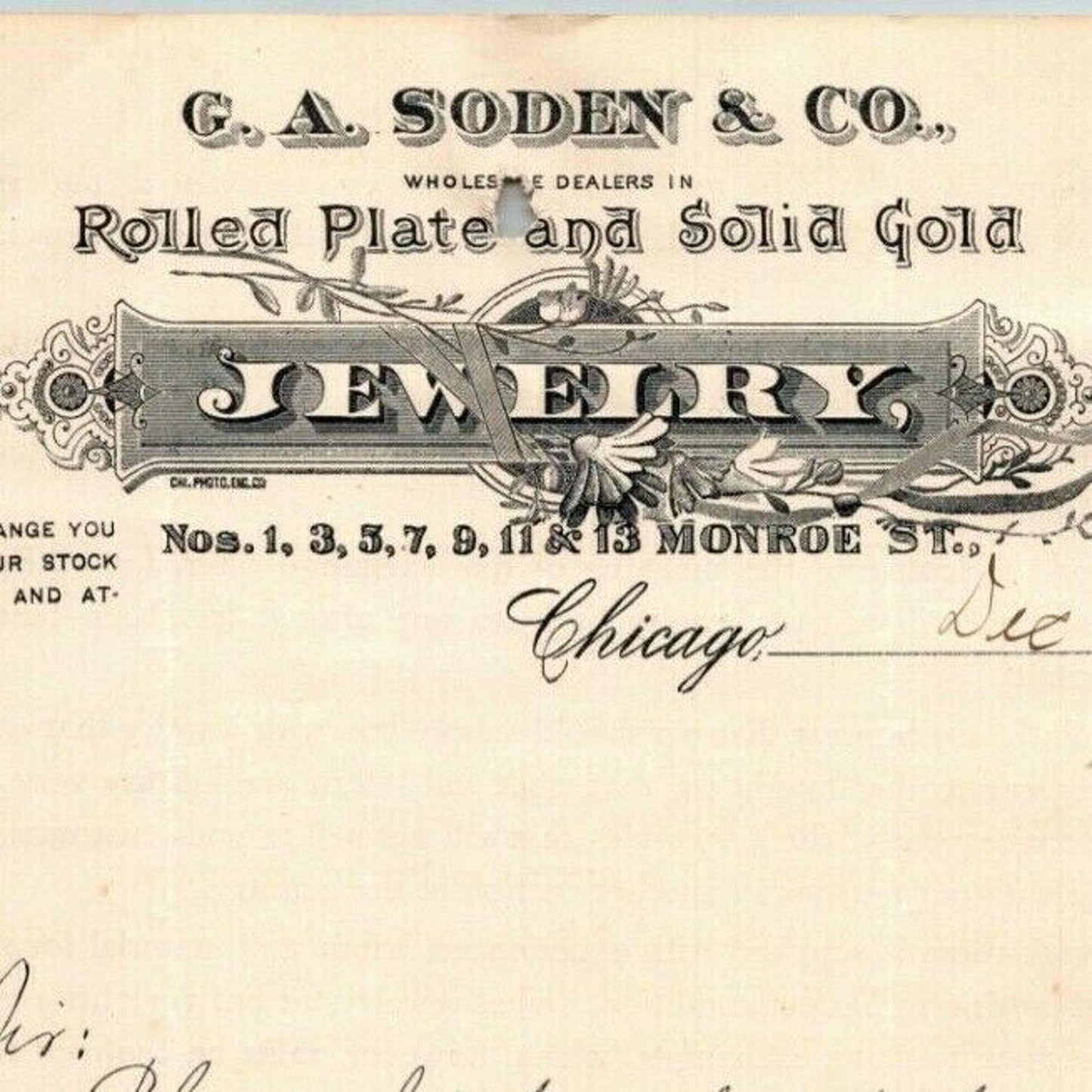 1895 Letterhead - G.A. Soden & Co. Jewelers Freemason Chicago - Ephraim Baker*
