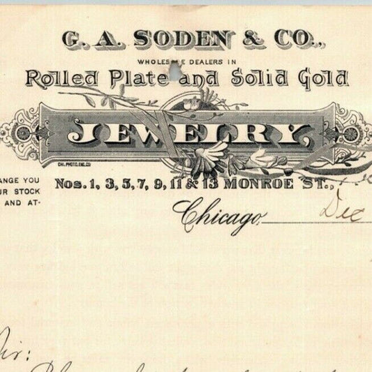 1895 Letterhead - G.A. Soden & Co. Jewelers Freemason Chicago - Ephraim Baker*